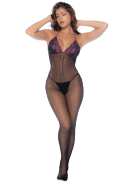 Combinaison en résille et dentelle noire et violette - MAL1122BKPU